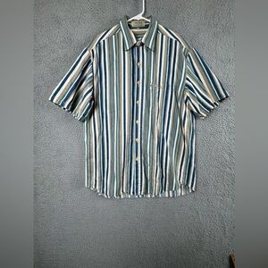 Guess Shirt Mens Medium Blue Brown Button Up Striped Cotton USA Vintage
